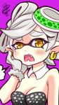  1girl breasts cleavage commentary_request detached_collar earrings fang fangs gloves hand_on_own_face hotaru_(splatoon) jewelry ma2acworks mask mole mole_under_eye open_mouth purple_background short_hair silver_hair simple_background solo splatoon squiggle symbol-shaped_pupils upper_body white_gloves yellow_eyes 