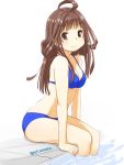  1girl bikini brown_eyes brown_hair double_bun hair_bun highres kantai_collection kongou_(kantai_collection) long_hair poolside retsu_maru simple_background sitting smile swimsuit water 