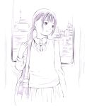  1girl bag bookbag monochrome original ponytail school_uniform sketch skirt solo traditional_media yoshitomi_akihito 