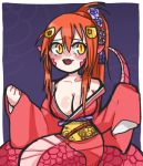  1girl bare_shoulders blush breasts cleavage fangs hair_ornament hairclip japanese_clothes kimono lamia long_hair long_sleeves miia_(monster_musume) monster_girl monster_musume_no_iru_nichijou pointy_ears ponytail pyoko_(sandwicha) redhead scales sketch slit_pupils solo wide_sleeves yellow_eyes 