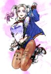  1girl armpit_holster baseball_bat batman_(series) blonde_hair blue_eyes blue_hair boots breasts clothes_writing dc_comics facial_tattoo gradient_hair gun handgun harley_quinn high_heel_boots high_heels holster imai_(jg290315) jumping large_breasts legs_together lipstick long_hair makeup multicolored_hair pale_skin pantyhose pink_hair pistol solo suicide_squad tattoo twintails violet_eyes weapon 