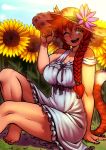  1girl ;) animal_ears barefoot borrowed_character braid breasts cat_ears cat_tail dress field flower flower_field green_eyes hat hat_flower koi_drake large_breasts long_hair one_eye_closed original redhead smile solo sun_hat sundress sunflower tail thick_thighs thighs twin_braids 