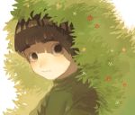  bangs black_eyes black_hair blunt_bangs blush bush closed_mouth eyebrows flower from_side green looking_at_viewer male_focus morioskn naruto plant rock_lee shade thick_eyebrows upper_body wavy_mouth white_background 