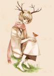 1boy barefoot bird blonde_hair clona commentary_request folded_leg grass horns japanese_clothes kimono looking_at_another pale_color parted_lips scarf simple_background sitting solo tree wide_sleeves 