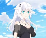  1girl black_heart blue_eyes choujigen_game_neptune clouds dress hair_ornament hairclip highres jewelry mimelex neptune_(series) pendant sky smile symbol-shaped_pupils white_hair 