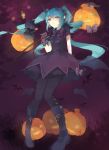  1girl aqua_hair boots dress gloves green_eyes halloween hatsune_miku highres horns knee_boots long_hair night pantyhose pigeon-toed solo twintails vocaloid 