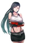  1girl bare_shoulders black_hair breasts final_fantasy final_fantasy_vii fingerless_gloves gloves jack_hamster large_breasts long_hair midriff navel red_eyes simple_background solo suspenders tifa_lockhart white_background 