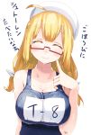  1girl blonde_hair breasts closed_eyes glasses hat i-8_(kantai_collection) kantai_collection large_breasts long_hair meth_(emethmeth) school_swimsuit smile swimsuit translation_request twintails wet wet_swimsuit 