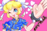  1girl ;) blonde_hair blue_eyes bracelet bun_cover china_dress chinese_clothes chun-li chun-li_(cosplay) cosplay double_bun earrings heart hououji_arashi jewelry one_eye_closed princess_peach salute short_hair smile solo spiked_bracelet spikes street_fighter super_mario_bros. super_smash_bros. 