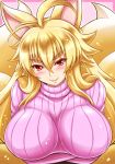  1girl ahoge alternate_costume animal_ears blonde_hair blush breast_rest breasts fox_ears fox_tail highres izuna_(shinrabanshou) kittan_(cve27426) large_breasts long_hair looking_at_viewer multiple_tails open_mouth red_eyes shinrabanshou slit_pupils smile solo sweater tail upper_body 