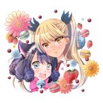  2girls :d animal_ears black_hair blonde_hair cat_ears curly_hair cyan_(show_by_rock!!) flower glasses green_eyes hair_ribbon hairband highres long_hair looking_at_viewer multiple_girls open_mouth portrait retoree ribbon short_hair show_by_rock!! simple_background smile twintails white_background yellow_eyes yuri 