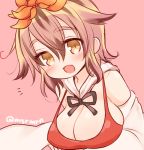 1girl :d bow breasts cape cleavage fang flower hair_flower hair_ornament lotus marshmallow_mille multicolored_hair open_mouth pink_background short_hair smile solo toramaru_shou touhou twitter_username two-tone_hair yellow_eyes 