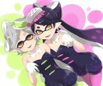 2girls black_hair breasts callie_(splatoon) cleavage cousins detached_collar dress earrings fangs food food_on_head gloves green_legwear hair_rings jewelry long_hair marie_(splatoon) mask mole mole_under_eye multiple_girls object_on_head open_mouth pantyhose pointy_ears purple_legwear short_hair smile splatoon strapless_dress sushi tentacle_hair unitard white_gloves yellow_eyes yukichi_(eikichi)