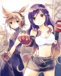  2girls bangs blonde_hair breasts brown_hair check_commentary cleavage clenched_hands cloud_strife cloud_strife_(cosplay) collarbone commentary_request cosplay crop_top earmuffs elbow_gloves final_fantasy final_fantasy_vii fingerless_gloves gloves gradient_hair hands_up head_tilt hijiri_byakuren long_hair looking_at_another looking_at_viewer looking_to_the_side makuwauri midriff miniskirt multicolored_hair multiple_girls navel pants purple_hair shirt short_hair skirt sleeveless smile standing star suspenders sweater sword tifa_lockhart tifa_lockhart_(cosplay) touhou toyosatomimi_no_miko translation_request turtleneck very_long_hair weapon white_shirt yellow_eyes 