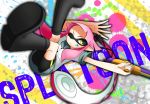  1girl absurdres bike_shorts blurry boots copyright_name depth_of_field falling foreshortening green_eyes highres kantai_collection knee_boots long_hair one_eye_closed paint_on_face paint_splatter pink_hair pointy_ears school_uniform serafuku side_ponytail solo splatoon tentacle_hair very_long_hair water_gun yura_(kantai_collection) 