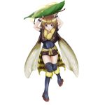  1girl absurdres antennae bee_girl biburu blonde_hair blouse blue_eyes blue_legwear capelet fur_trim hands_above_head highres honey insect_girl insect_wings layered_skirt leaf looking_at_viewer microskirt open_mouth original over-kneehighs ribbon-trimmed_legwear ribbon_trim sandals short_hair short_sleeves simple_background skirt solo standing_on_one_leg thigh-highs white_background wings wrist_cuffs 