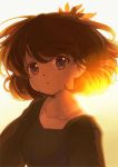  1girl aki_shizuha backlighting collarbone dark face gradient gradient_background iris_anemone leaf leaf_on_head long_sleeves looking_at_viewer open_mouth portrait short_hair solo sunlight touhou upper_body 
