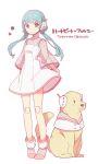  1girl bangs blue_eyes blue_hair blunt_bangs clothed_animal dog doll_joints dress hatsune_miku heartbeat_from_you_(vocaloid) long_hair long_sleeves solo song_name tama_(songe) twintails vocaloid white_dress 