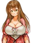  1girl breasts brown_hair character_request cleavage collarbone green_eyes huge_breasts long_hair sachito simple_background solo upper_body white_background 
