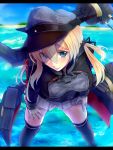  1girl anchor_hair_ornament black_legwear blonde_hair blue_eyes blush breasts gloves hair_ornament hat kantai_collection large_breasts leaning_forward letterboxed long_hair looking_at_viewer military military_uniform ocean peaked_cap prinz_eugen_(kantai_collection) remodel_(kantai_collection) skirt smile solo thigh-highs turret twintails uniform water white_gloves yude 
