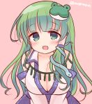  1girl :d bangs blush breasts cleavage detached_sleeves frog_hair_ornament green_eyes green_hair hair_ornament hair_tubes jewelry kochiya_sanae long_hair looking_at_viewer marshmallow_mille necklace open_mouth pink_background smile snake_hair_ornament solo touhou twitter_username 