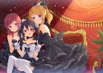  3girls 6u_(eternal_land) \m/ ayase_eli bare_shoulders black_dress black_gloves black_hair blonde_hair blue_eyes bow collarbone couch curtains dress elbow_gloves gloves hair_bow hand_on_another&#039;s_shoulder love_live!_school_idol_project multiple_girls nishikino_maki open_mouth ponytail red_eyes redhead sitting smile strapless_dress thigh-highs twintails white_dress white_gloves white_legwear yazawa_nico zettai_ryouiki 