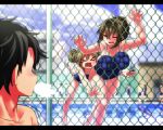  &gt;_&lt; 1boy 2girls against_fence blush breast_press breasts brown_eyes brown_hair chankodining_waka cleavage fence highres kagami_ryouko kanayama_nao large_breasts long_hair multiple_girls one-piece_swimsuit one_eye_closed open_mouth original pool school_swimsuit short_hair slipping spit_take spitting swimsuit 