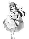  1girl black_hair dress greyscale houshou_(kantai_collection) isshitaira kantai_collection long_hair monochrome skirt_hold smile solo 