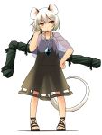  1girl animal_ears brown_eyes capelet dowsing_rod highres mouse_ears mouse_tail nazrin silver_hair solo tail touhou yudepii 