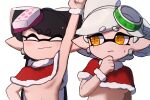  +_+ 2girls arm_up armpits bangs black_hair blush breasts callie_(splatoon) capelet christmas closed_mouth commentary_request cousins earrings eyebrows_visible_through_hair food food_on_head frown fur-trimmed_capelet fur_trim grey_hair hand_on_own_chest jewelry long_hair looking_at_another marie_(splatoon) mole mole_under_eye multiple_girls naked_capelet object_on_head open_mouth orange_eyes pointy_ears red_capelet santa_costume short_hair side-by-side simple_background small_breasts smile splatoon_(series) sushi sweatdrop swept_bangs tentacle_hair tied_hair under_boob white_background wuju_(1198979953) 