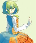  1girl ascot from_behind green_background green_hair highres kazami_yuuka long_sleeves looking_at_viewer looking_back looking_up nail_polish open_mouth plaid plaid_skirt plaid_vest pointing pointing_up red_eyes shirt short_hair simple_background skirt smile solo tamazusa_mizume touhou twitter_username vest 