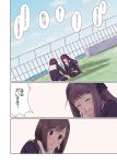  2girls blush closed_eyes comic fukushima_uichi hair_ribbon hanayamata highres multiple_girls open_mouth ribbon rooftop sasame_yaya school_uniform sekiya_naru translation_request 