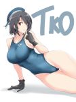  1girl arena_(company) beret black_hair competition_swimsuit gloves harukon_(halcon) hat highres kantai_collection lying on_side one-piece_swimsuit red_eyes short_hair swimsuit takao_(kantai_collection) 