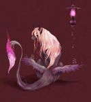  animal chimera clona commentary_request dripping feathered_wings fire from_behind glowing glowing_eyes horns long_hair looking_at_viewer looking_back magenta_background oil_lamp pink_hair simple_background sitting solo tail wings yellow_eyes 