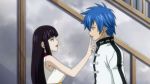  1boy 1girl bangs black_hair blue_hair fairy_tail hands happy jellal_fernandes red_lips screenshots size_difference smile ultear_milkovich 