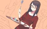  1girl black_eyes black_hair blush bracelet commentary_request em food glasses half-closed_eyes holding ice_cream jewelry ladle long_hair looking_down original solo_focus translation_request 