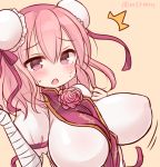 1girl bandages blush breasts bun_cover chinese_clothes cuffs double_bun flower ibaraki_kasen large_breasts marshmallow_mille open_mouth pink_eyes pink_hair red_eyes rose short_hair solo tabard touhou 
