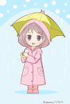  1girl chibi highres kantai_collection mae_(maesanpicture) raincoat sazanami_(kantai_collection) solo twitter_username umbrella 