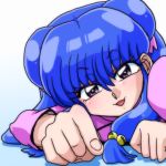 &gt;:d :d chinese_clothes looking_at_viewer lying on_stomach open_mouth pointing pointing_at_viewer purple_hair ranma_1/2 shampoo_(ranma_1/2) simple_background smile tagme violet_eyes wantan-orz 