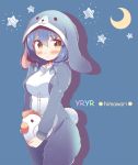  1girl animal_costume animal_hat bird blue_hair blush braid breasts bunny_hat bunny_tail chicken commentary_request crescent_hair_ornament furutani_himawari hair_ornament happy_birthday hat highres large_breasts long_hair long_sleeves moon pajamas short_hair solo star stuffed_animal stuffed_toy tail takahero twin_braids yellow_eyes yuru_yuri yuru_yuri_nachuyachumi! 