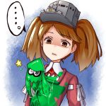  ... 1girl brown_eyes brown_hair crossover empty_eyes flat_chest inkling japanese_clothes kantai_collection kariginu one_eye_closed open_mouth paint_stains ribbon-trimmed_sleeves ribbon_trim ryuujou_(kantai_collection) shaded_face splatoon squid star twintails visor_cap 