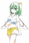  1girl alternate_costume blue_eyes blush bow colored daiyousei fairy_wings fujishiro_emyu green_hair hair_bow hair_ornament hairclip hand_under_clothes hand_under_shirt midriff navel shirt short_hair short_sleeves shorts side_ponytail simple_background sketch solo touhou white_background wings 
