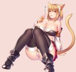  1girl animal_ears boots breasts brown_eyes cat_ears cleavage detached_sleeves final_fantasy final_fantasy_xiv food hairband highres ice_cream large_breasts midriff miqo&#039;te panties short_hair sitting solo tail thigh-highs tubumi underwear 