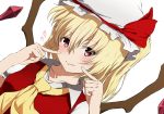  1girl aono_meri ascot blonde_hair blush crystal dutch_angle face fingers_to_cheeks flandre_scarlet hat hat_ribbon heart looking_at_viewer mob_cap red_eyes ribbon short_hair short_sleeves side_ponytail simple_background smile touhou upper_body vest white_background wings 