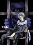  1boy ao_oni bangs black_eyes blue_eyes chair hiroshi_(ao_oni) key looking_at_viewer scarf short_hair silver_hair sitting tarou_(you-0512) the_oni_(ao_oni) 