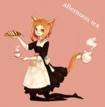 1girl animal_ears black_legwear brown_hair cat cat_ears cat_tail clona commentary_request cup english holding kneeling light_smile looking_at_viewer maid pantyhose payot pink_background plate polka_dot polka_dot_background prehensile_tail short_sleeves solo steam sweets tail tail_hold tea teacup teapot