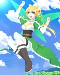  1girl :d arms_up blonde_hair blue_eyes boots breasts cleavage clouds corset fairy_wings highres large_breasts leafa loco_65_o1o1 open_mouth smile solo sword_art_online thigh-highs white_legwear wings 