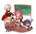  &gt;_&lt; 1girl 2boys absurdres almaz_von_almadine_adamant artist_name bangs blue_hair crossed_arms danom-ko disgaea fang glasses highres horns makai_senki_disgaea_3 mao_(disgaea) multiple_boys open_mouth payot pink_eyes pink_hair raspberyl red_eyes round_glasses shadow speech_bubble white_hair 