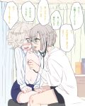  2boys blush curtains gokotai green_eyes hair_flaps hotarumaru infirmary labcoat male_focus multiple_boys navel nipples open_clothes open_shirt shirt short_hair shorts silver_hair stethoscope touken_ranbu white_hair yaoi 