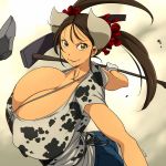  &gt;:) 1girl adze apron breasts brown_hair cleavage cow_girl cow_horns cow_print from_side gigantic_breasts gloves hataraki_ari horns looking_at_viewer original parted_lips print_shirt rock scrunchie shirt short_sleeves smile solo twintails upper_body white_gloves worktool yellow_eyes 